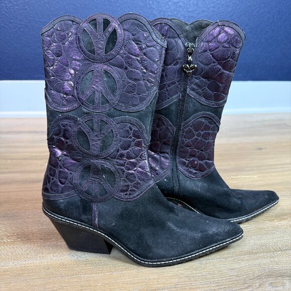 Donald J. Pliner Shoes - Donald J. Pliner Vintage Purple/black Peace Sign Leather Cowboy Boots, size 6.5